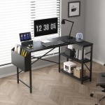 (100 cm, Black) L-Shaped Corner Desk, Flip Top, with Bookshelf